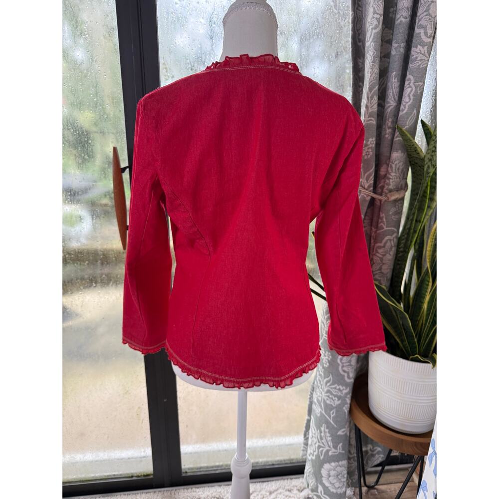 Joan Rivers Red Ruffle Trim Button Jacket Size 8 Contrast Stitching - Picture 2 of 3